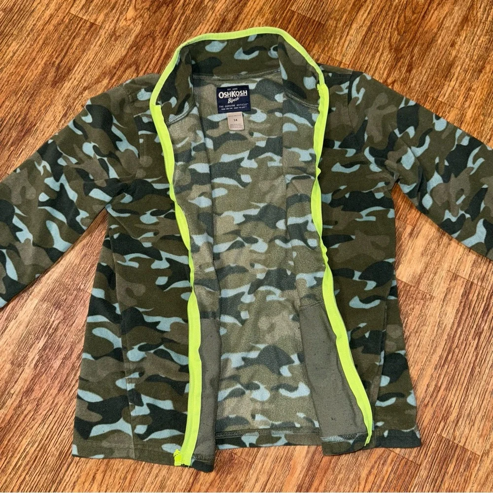 OshKosh B'gosh Jacket Fleece Camo Boys Size 14 Full Zip Green Army Print Soft